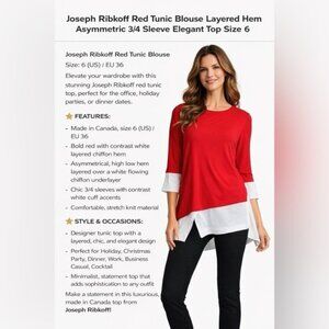 Joseph Ribkoff Red White Layered Tunic Blouse Asym Hem 3/4 Sleeve Sz 6
